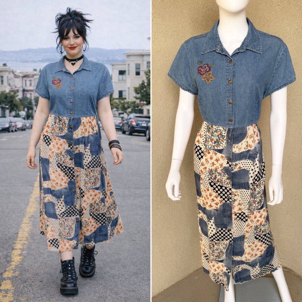 Vintage 90s Patchwork Denim Button Front Dress - image 1